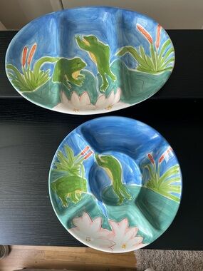 Hausen Hand-Painted Green Frog Divided Two Serveware Bowls - Blue & Green